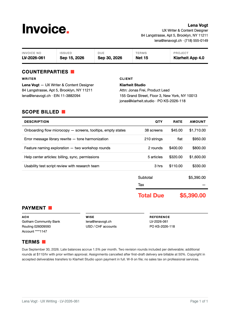 Swiss international freelance writer invoice